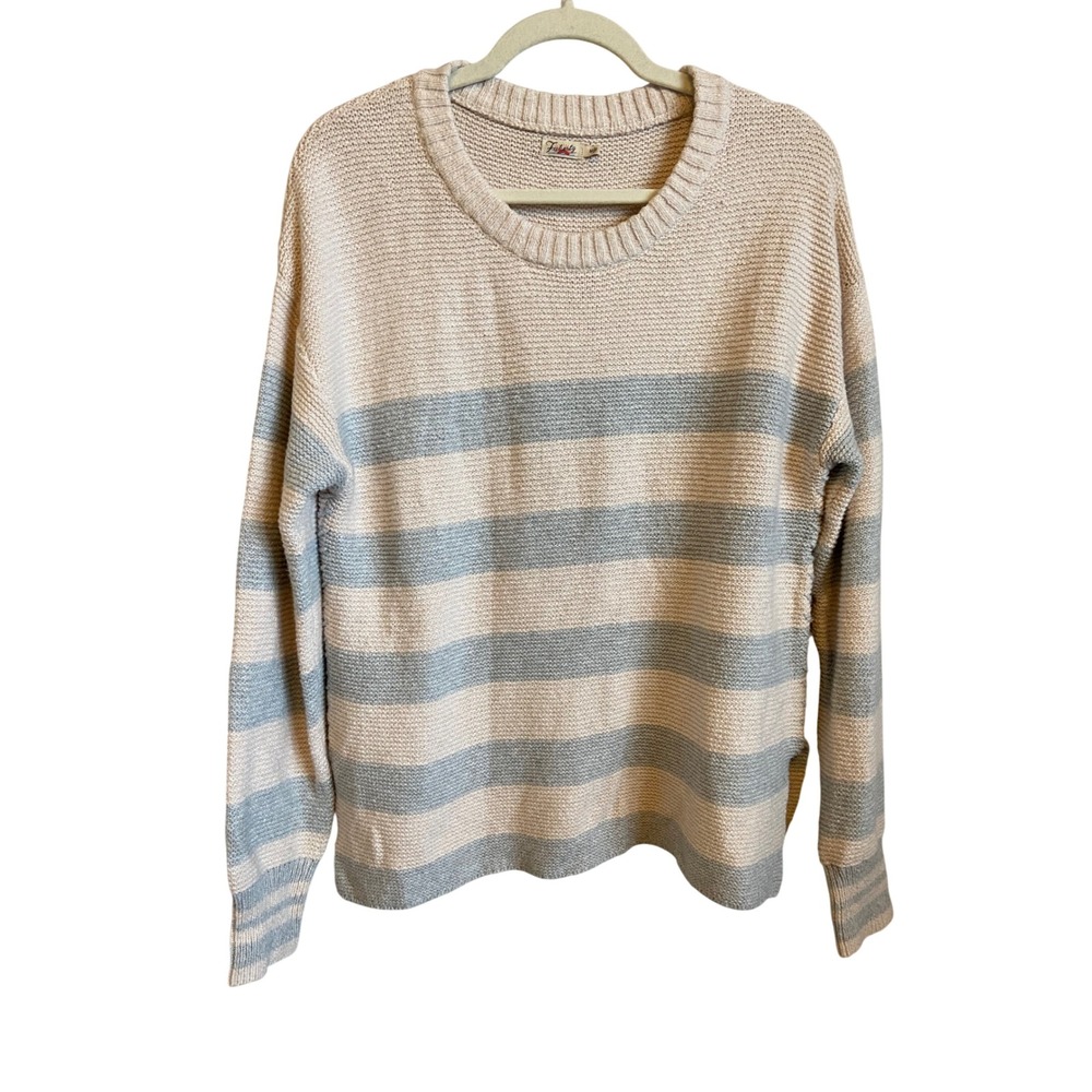 Faherty Womens Striped Cotton Blend Crewneck Sweater Cream Blue M